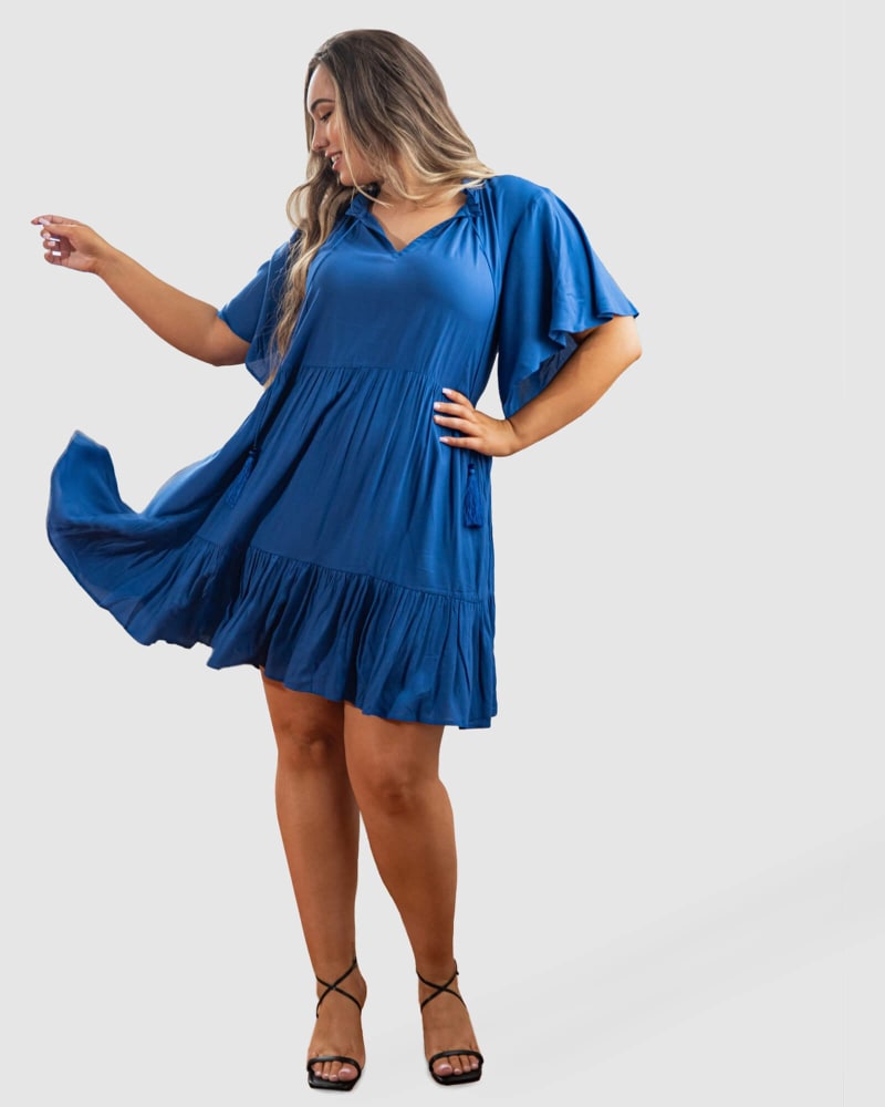 Front of a model wearing a size 16 Jamie Short Sleeve Dress in Cobalt by Dani Marie. | dia_product_style_image_id:232576